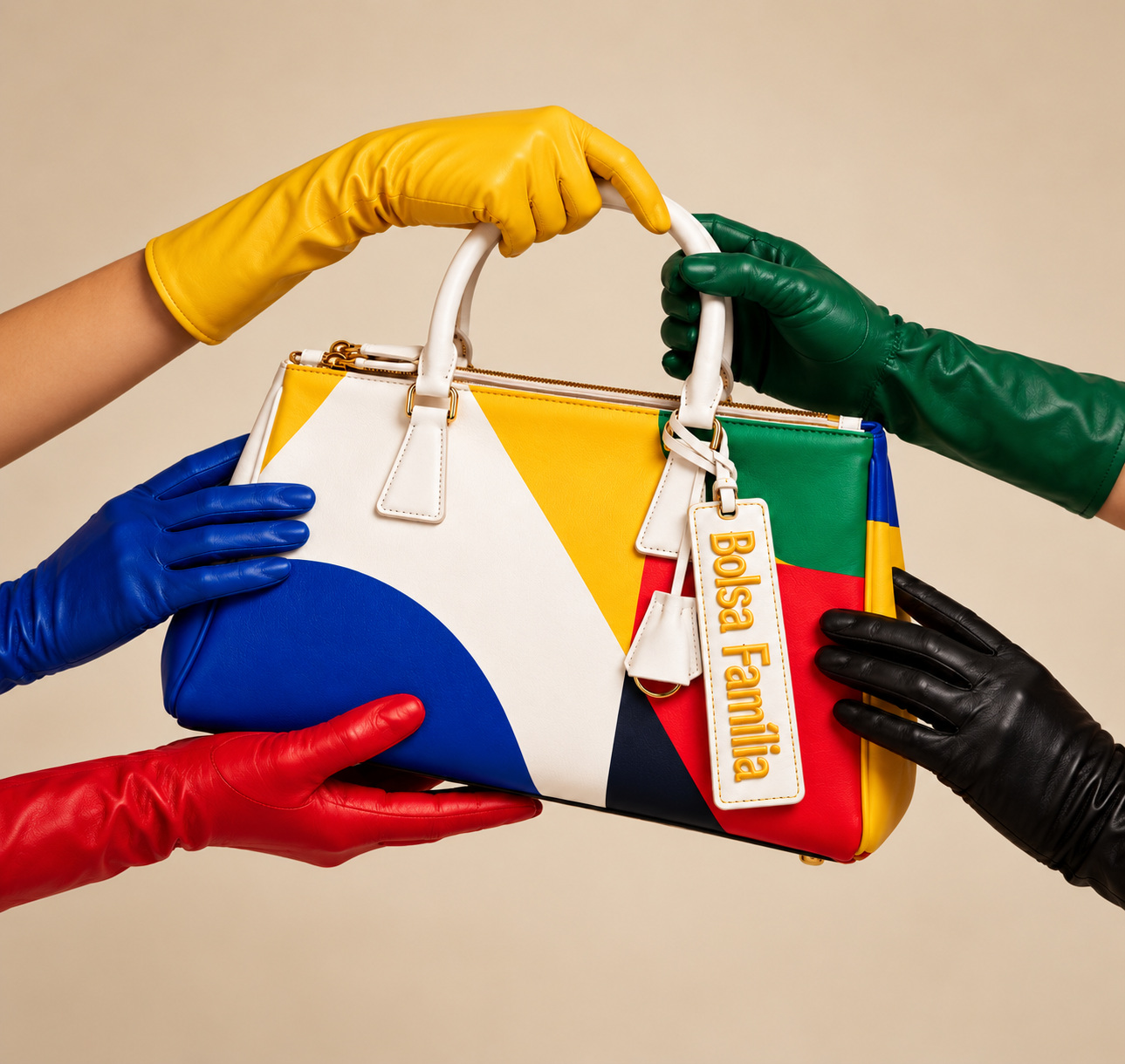 Bolsa Família segurada por mãos com luvas coloridas
